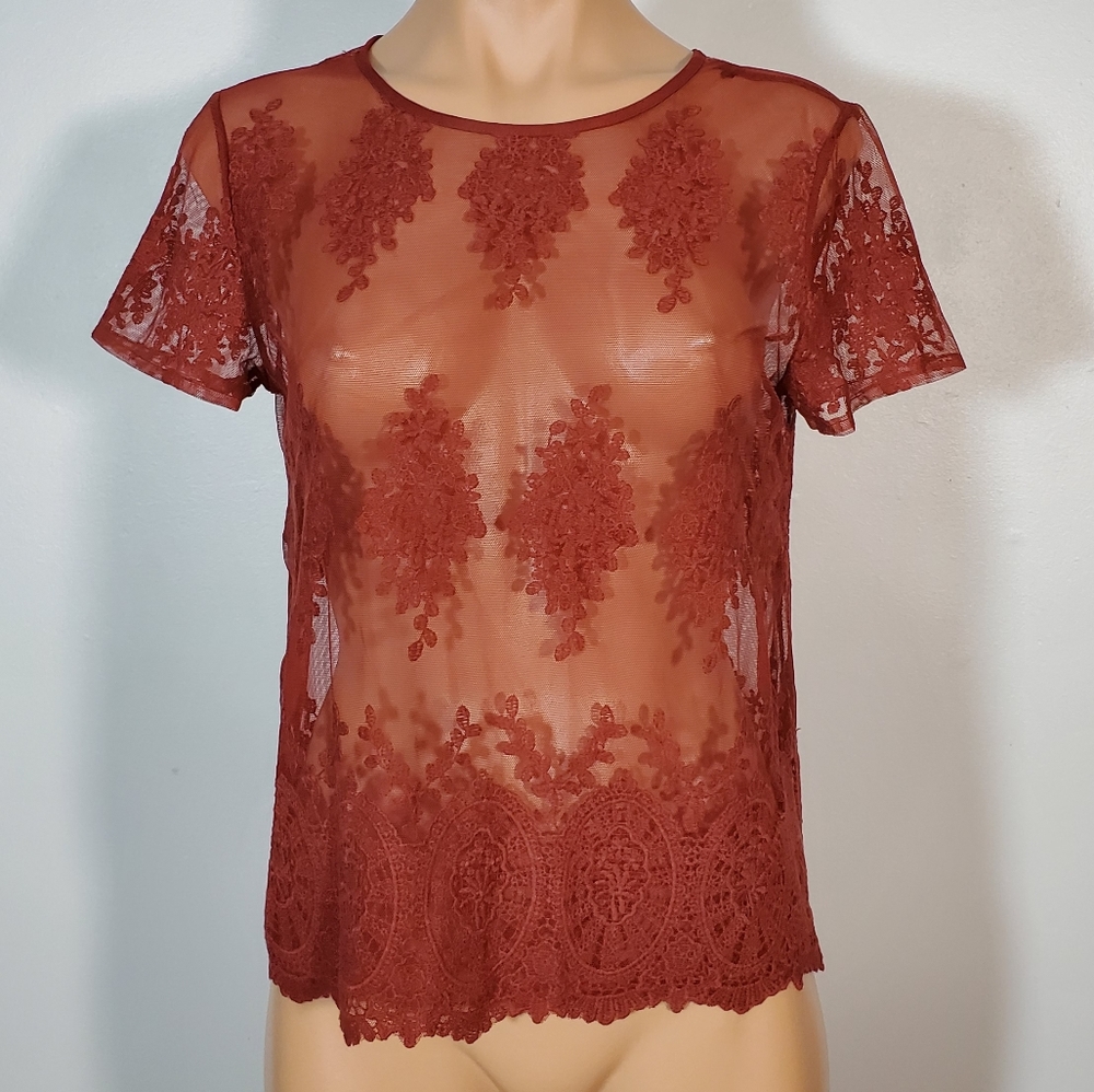 Forever 21 Embroidered Mesh Lace Short Sleeve Top